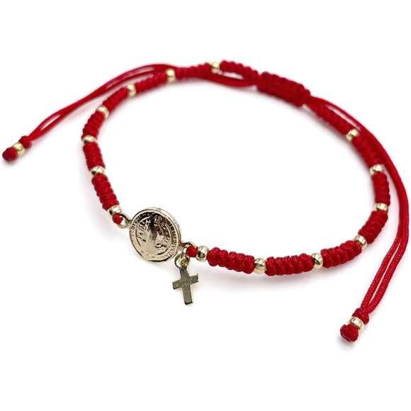 Stylish Red Cotton-Linen Macrame Bracelet with Gold-Plated Saint Benedict Charm - Picture 2 of 6